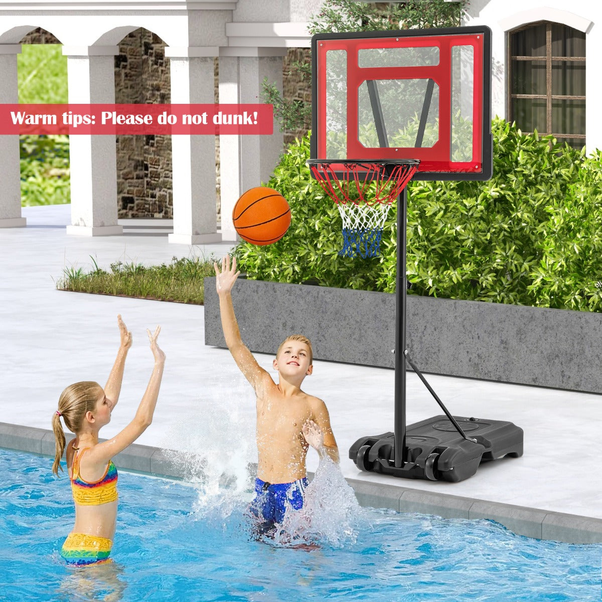 LIVSK zwembadbasketbalring - Verstelbare Hoogtes tot 135 cm - Onbreekbaar Achterpaneel - Draagbaar met Wielen - Rood