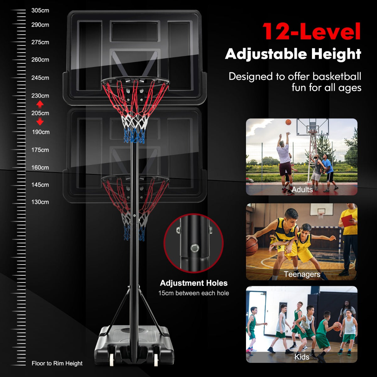 LIVSK Verstelbare Basketbalkorf - Weerbestendig en Draagbaar - Hoogte 130-305 cm - Stabiele Basis - Voor Alle Leeftijden - Zwart