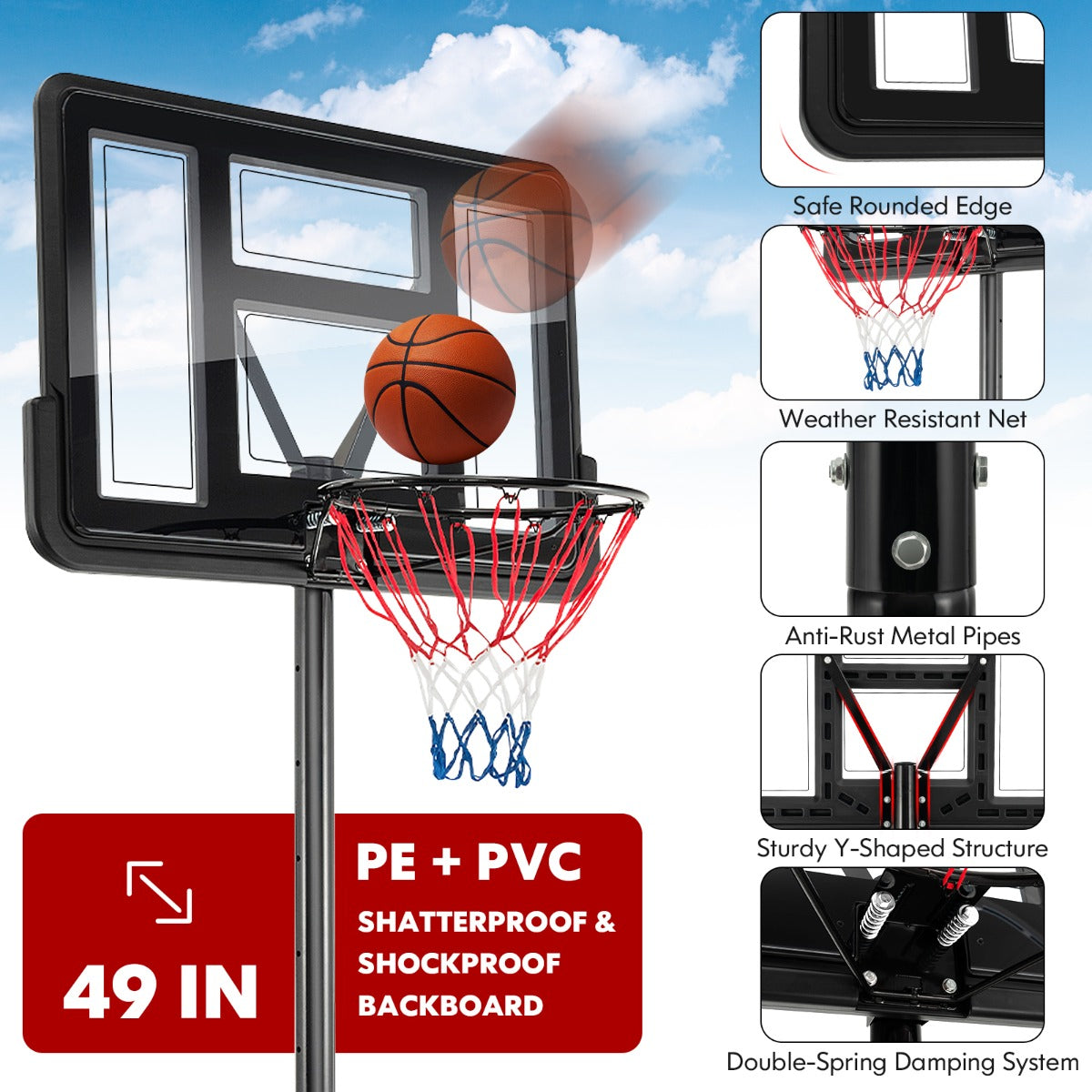 LIVSK Verstelbare Basketbalkorf - Weerbestendig en Draagbaar - Hoogte 130-305 cm - Stabiele Basis - Voor Alle Leeftijden - Zwart