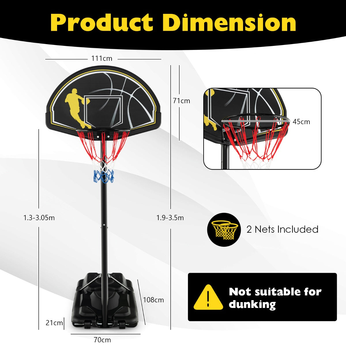 LIVSK Draagbare Basketbalring - Verstelbaar 130-305 cm - Onbreekbaar Backboard - Vulbare Basis - Voor Kinderen en Volwassenen -