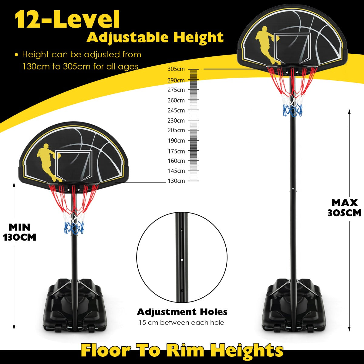 LIVSK Draagbare Basketbalring - Verstelbaar 130-305 cm - Onbreekbaar Backboard - Vulbare Basis - Voor Kinderen en Volwassenen -