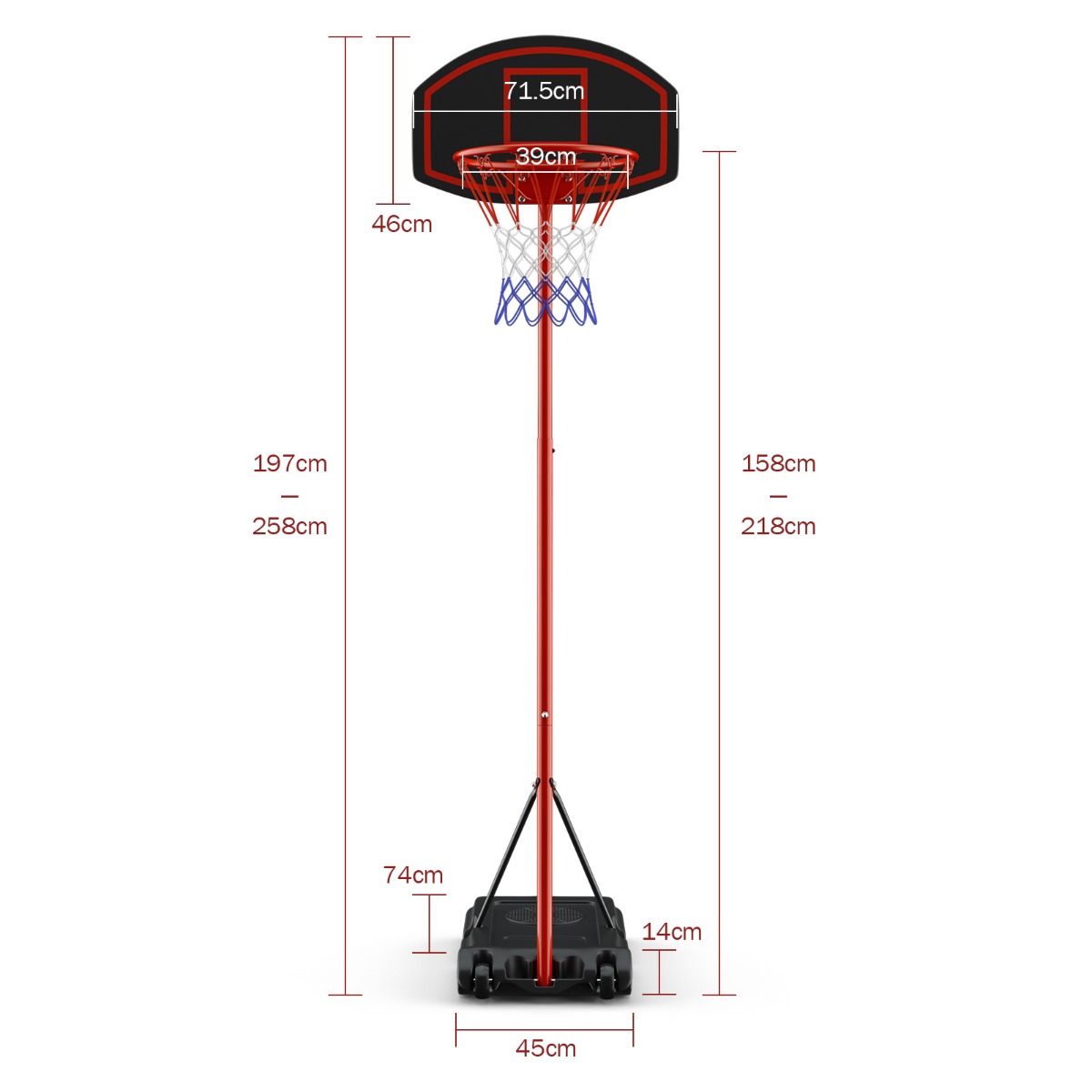 Livsk costway basketbalstandaard 158 218 cm in hoogte verstelbare basketbalring met standaard zwart rood 1 1