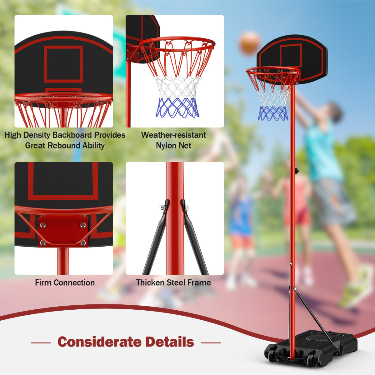 Livsk costway basketbalstandaard 158 218 cm in hoogte verstelbare basketbalring met standaard zwart rood 6