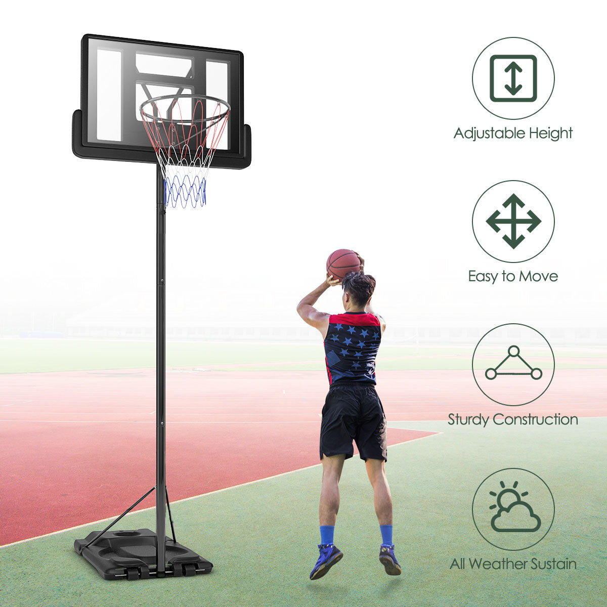 LIVSK Verstelbare Basketbalstandaard - 6 Hoogte-instellingen - Stevige Vulbare Basis - Draagbaar met Wielen - Zwart