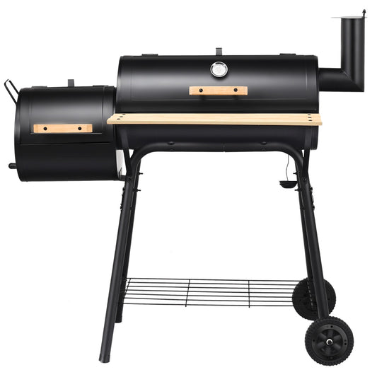 LIVSK BBQ Houtskoolgrill met Deksel - Met Smoker en Ingebouwde Thermometer - 2 Opbergplanken - Voor 8-10 Personen - Zwart