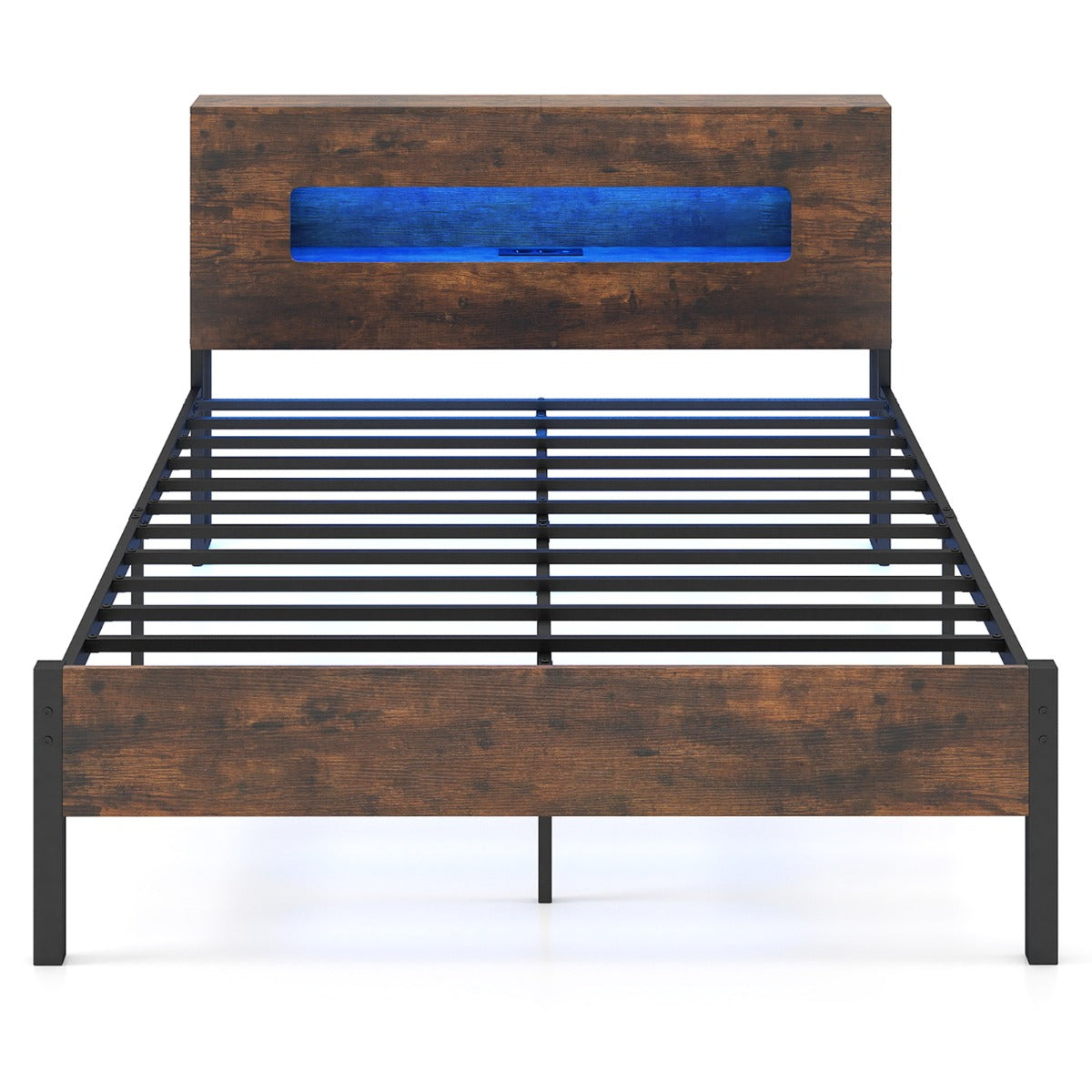 Livsk costway bedframe met ledverlichting platformbed in industriele stijl met opbergbaar hoofdeinde en stopcontacten