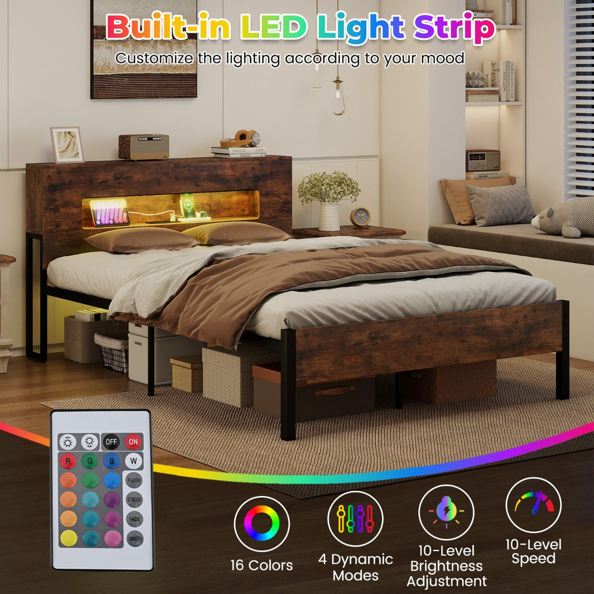 Livsk costway bedframe met ledverlichting platformbed in industriele stijl met opbergbaar hoofdeinde en stopcontacten 4