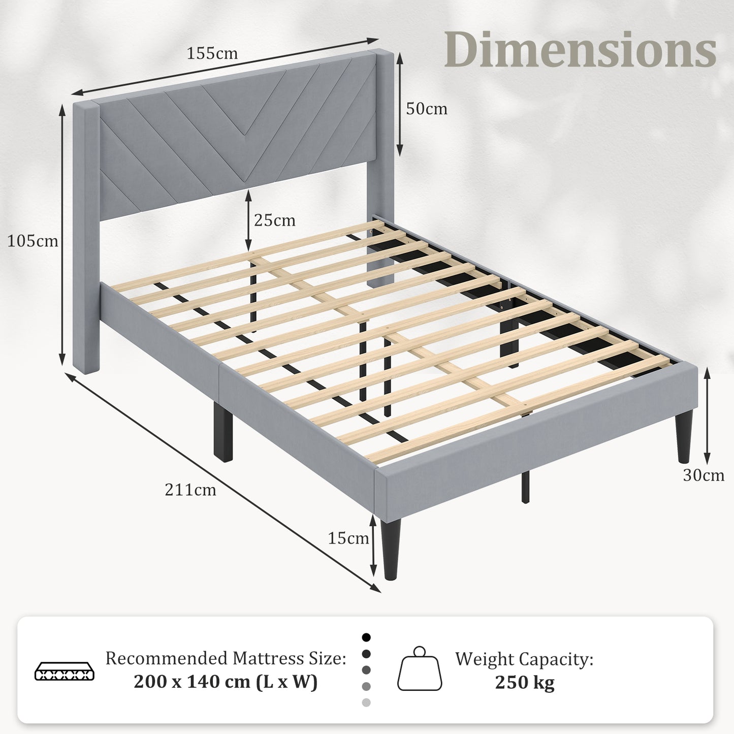LIVSK Fluwelen Tweepersoonsbedframe - Luxe Comfort met Dikke Schuimvulling - Houten Latten - Tot 250 kg - 211 x 155 x 105 cm -
