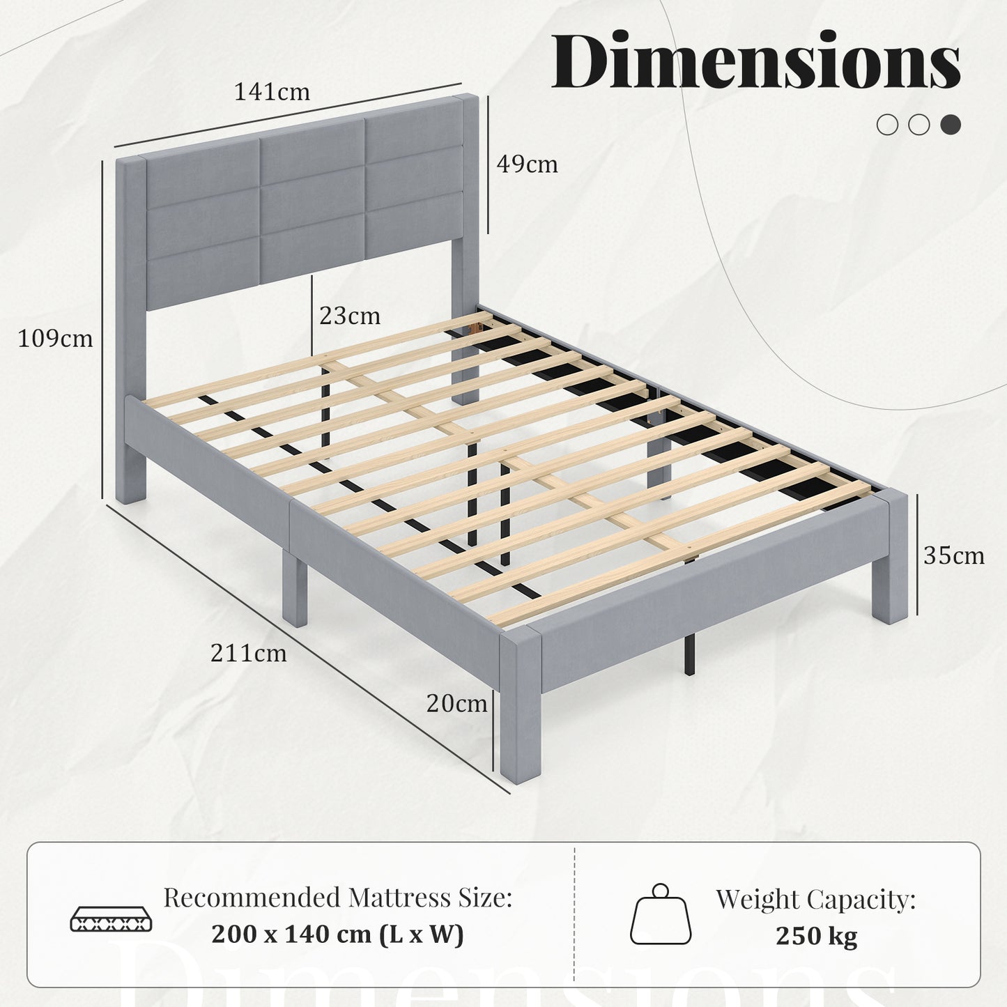 LIVSK Fluwelen Tweepersoonsbed - 200 x 140 cm - Luxe Schuimvulling - Houten Latten - Tot 250 kg - Grijs