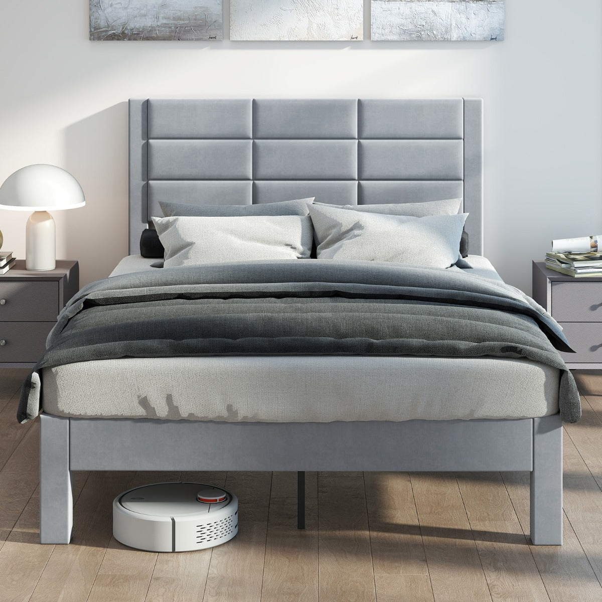LIVSK Fluwelen Tweepersoonsbed - 200 x 140 cm - Luxe Schuimvulling - Houten Latten - Tot 250 kg - Grijs