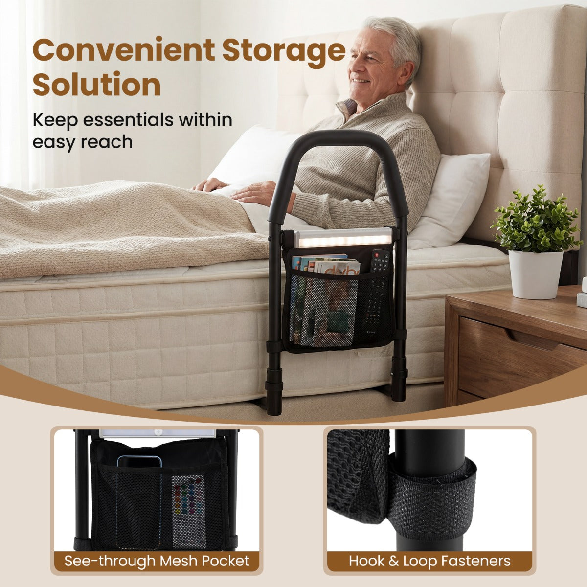 Livsk costway bedhekken veiligheidsgreep voor hulp bij het bed met bewegingssensorlampje en opbergvak 3