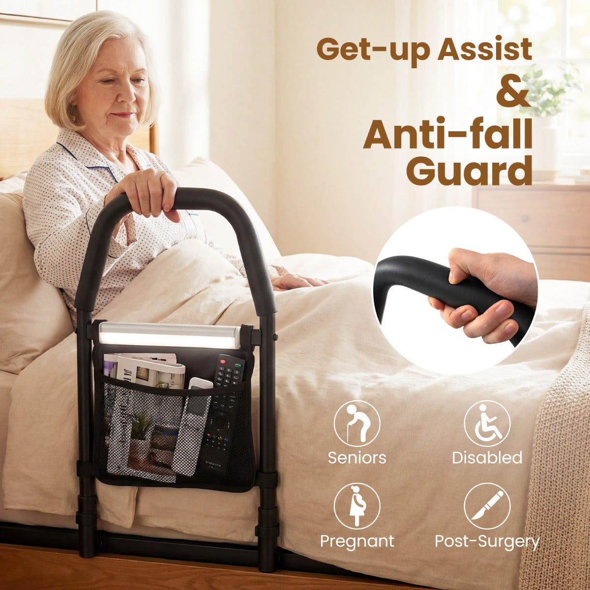 Livsk costway bedhekken veiligheidsgreep voor hulp bij het bed met bewegingssensorlampje en opbergvak 4