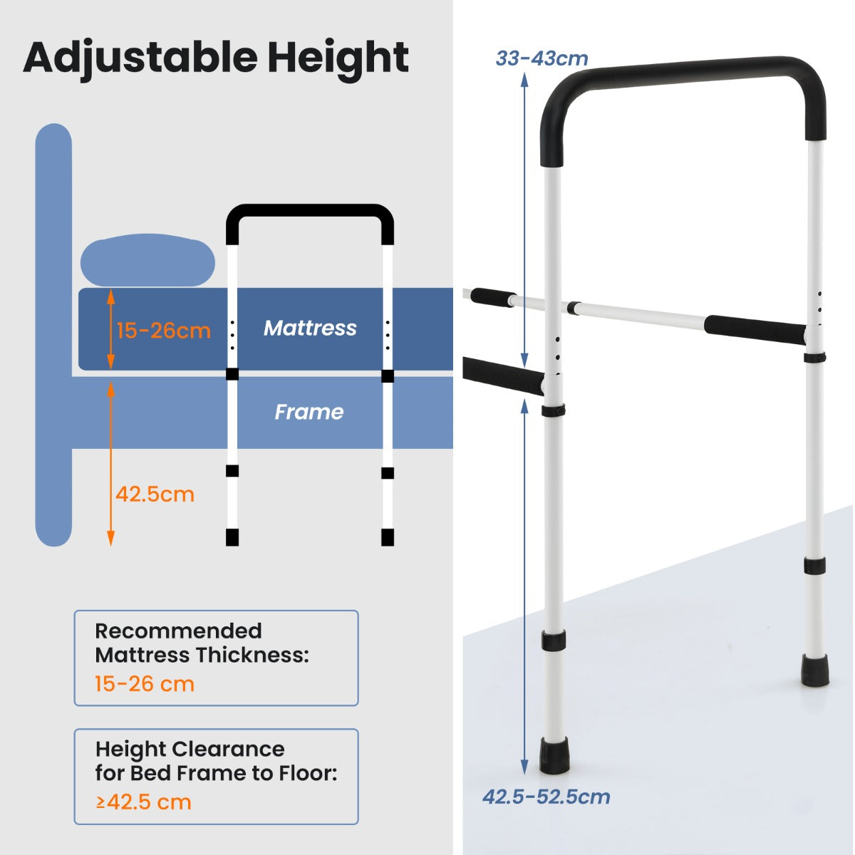 LIVSK Bedhulpleuning - Veilige Ondersteuning tot 160 kg - Verstelbaar voor Diverse Bedmaten - Antislip Grip - Wit