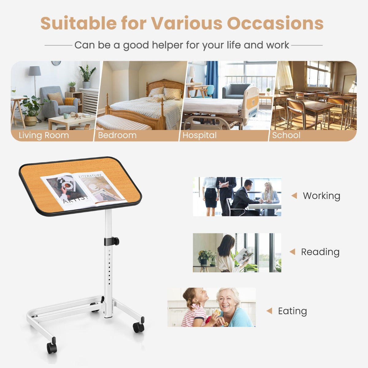 LIVSK Multifunctionele Laptoptafel - Verstelbare Hoogte 73-93 cm - Draaibaar Blad - C-vormig - Ruimtebesparend - Wit + Natuur