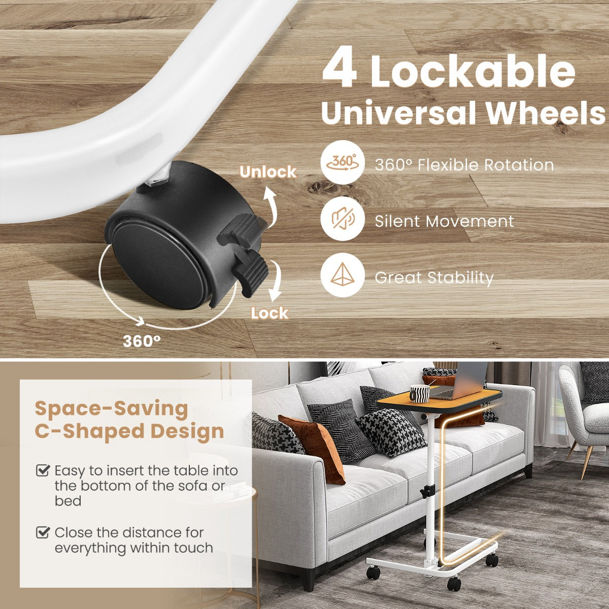 LIVSK Multifunctionele Laptoptafel - Verstelbare Hoogte 73-93 cm - Draaibaar Blad - C-vormig - Ruimtebesparend - Wit + Natuur