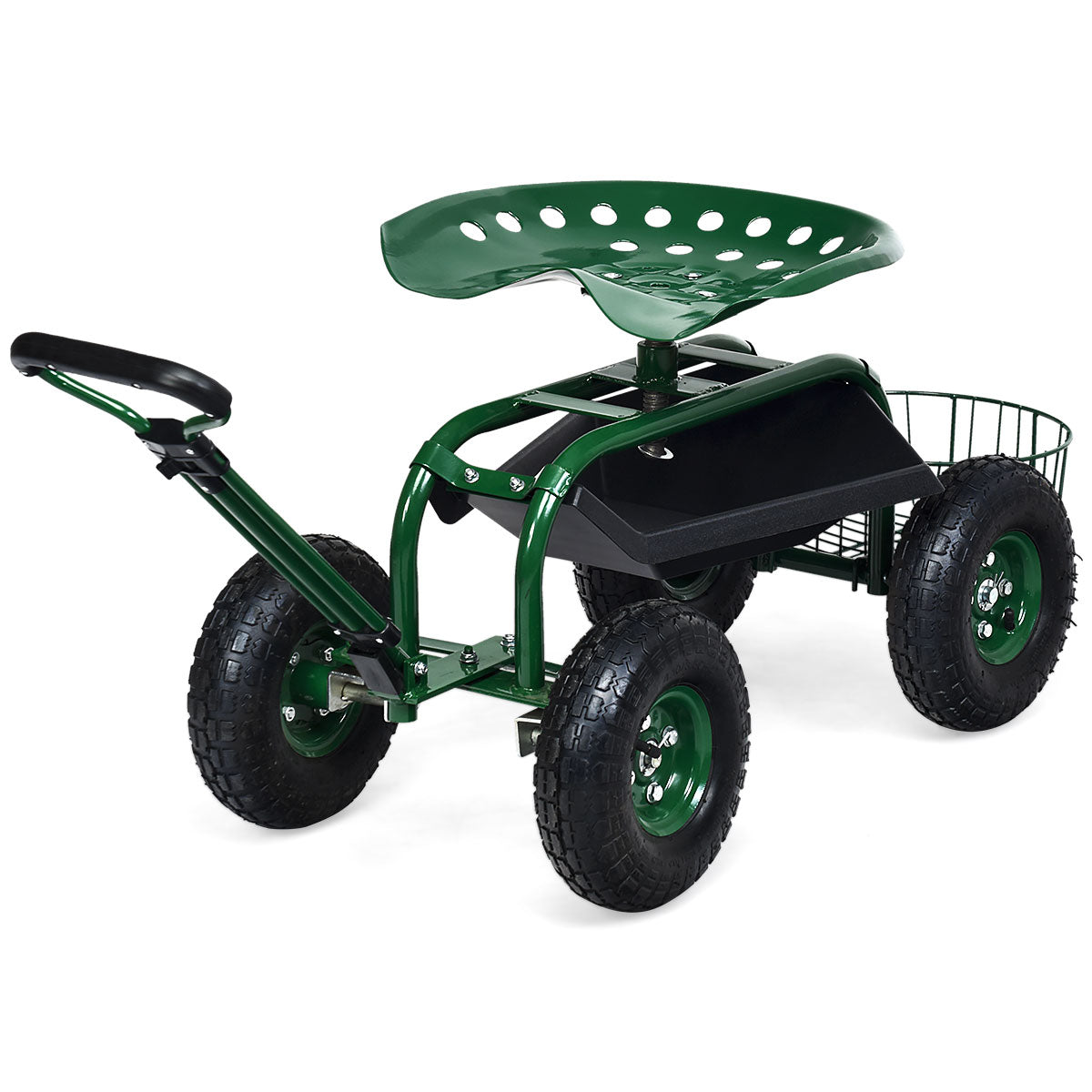 LIVSK Tuinwagen - Verstelbaar Handvat - Ergonomische Stoel - Ruime Opbergruimte - Stevig Metaal - 96,5 x 43 x 45,5-54,5 cm - Groen