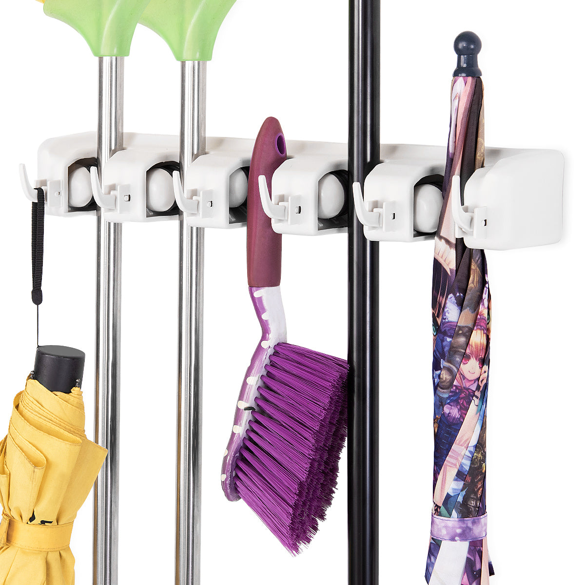 LIVSK Dweilhouder - 5 Posities en 6 Haken - Muurbevestiging - Voor Gereedschap en Schoonmaakgerei - Tot 5 kg - Grijs