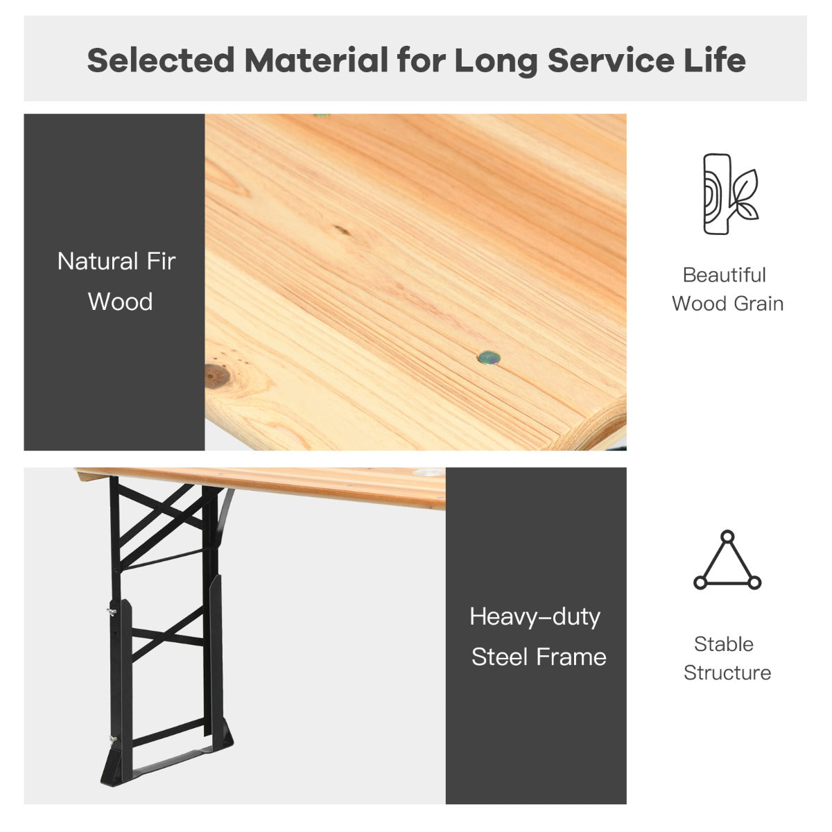 LIVSK Verstelbare Picknicktafel - Inklapbaar met Parasolgat - Duurzaam Hout en Metaal - Tot 50 kg - 168,5 x 50 x 75-105 cm -