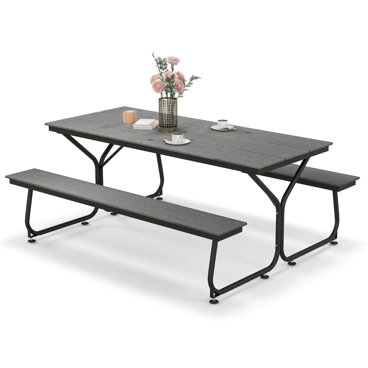 LIVSK BierTafelset met 2 Banken - HDPE Tafelblad - Stabiel Metaal - Voor 8 Volwassenen - Weerbestendig - 183 x 78,5 cm -