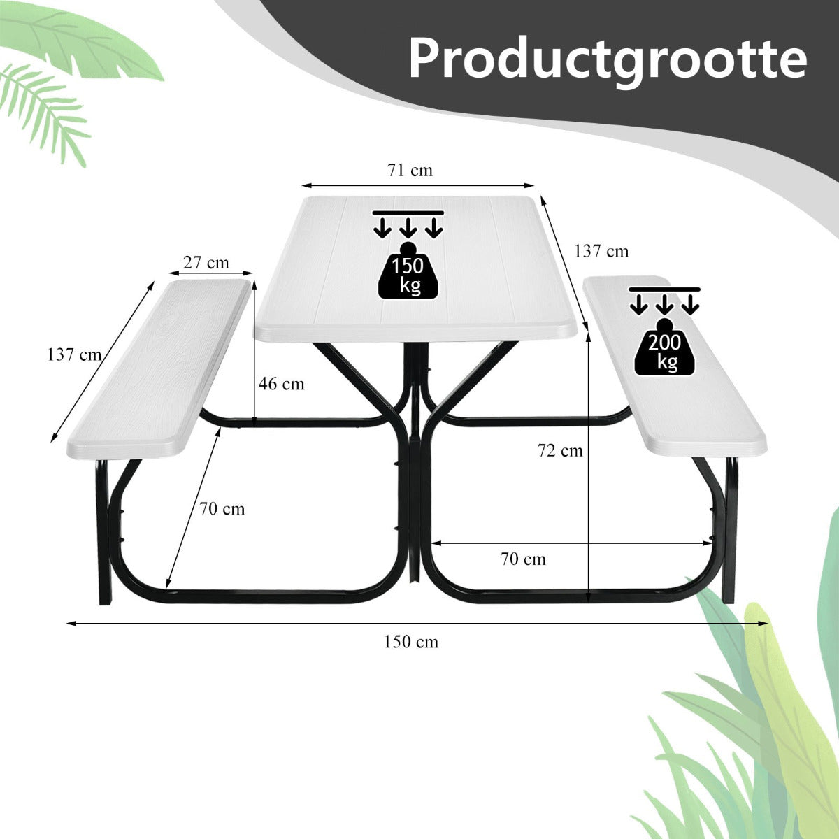 LIVSK Picknicktafelset - Weerbestendig HDPE - Ruim voor 4-6 Personen - Stabiel Metalen Frame - 137 x 150 x 72 cm - Wit