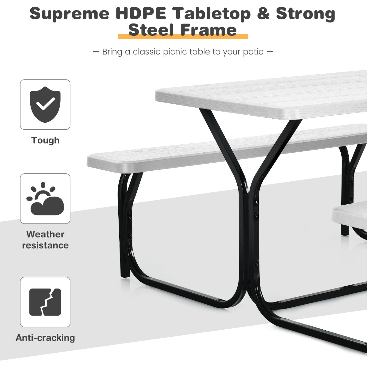 LIVSK Picknicktafelset - Weerbestendig HDPE - Ruim voor 4-6 Personen - Stabiel Metalen Frame - 137 x 150 x 72 cm - Wit