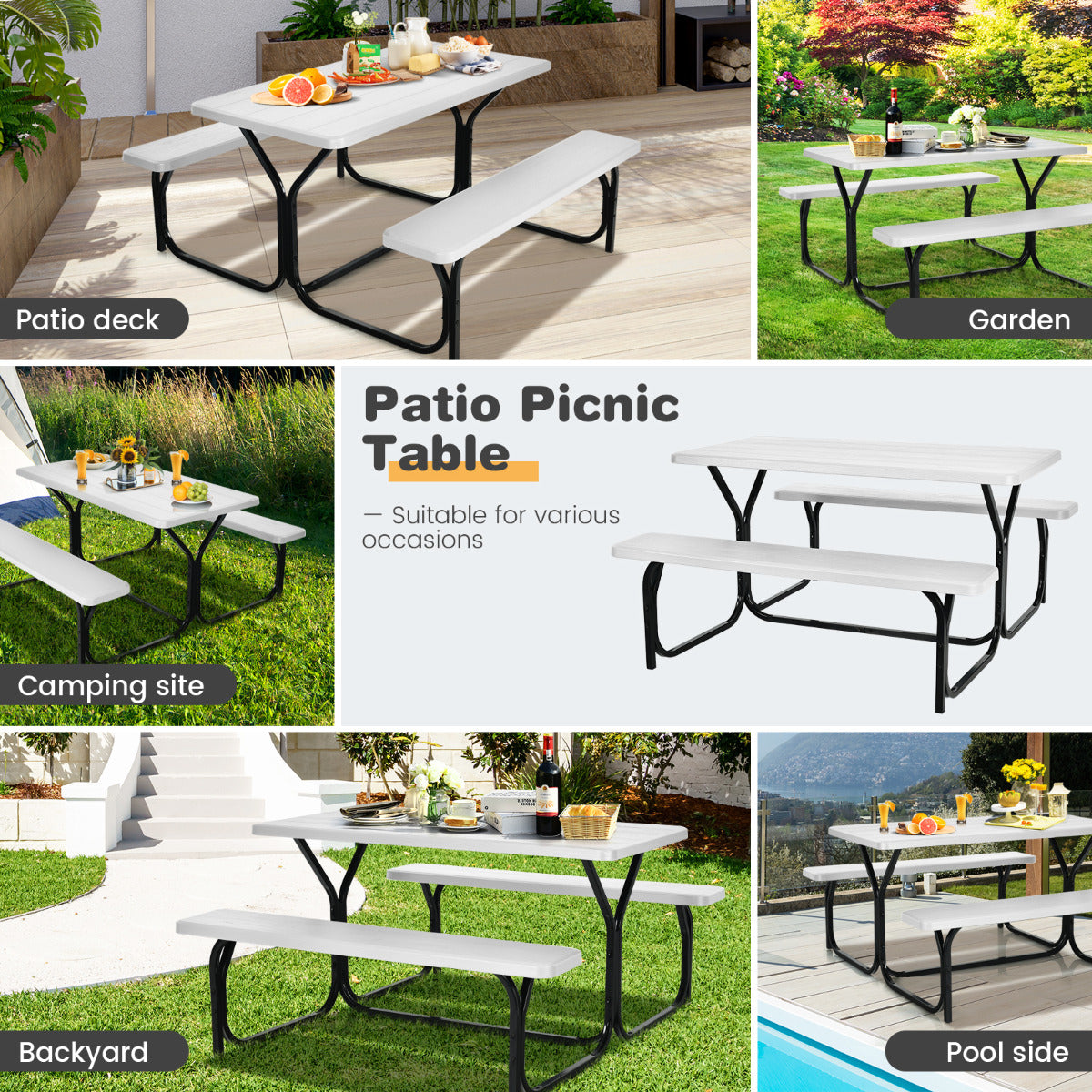 LIVSK Picknicktafelset - Weerbestendig HDPE - Ruim voor 4-6 Personen - Stabiel Metalen Frame - 137 x 150 x 72 cm - Wit