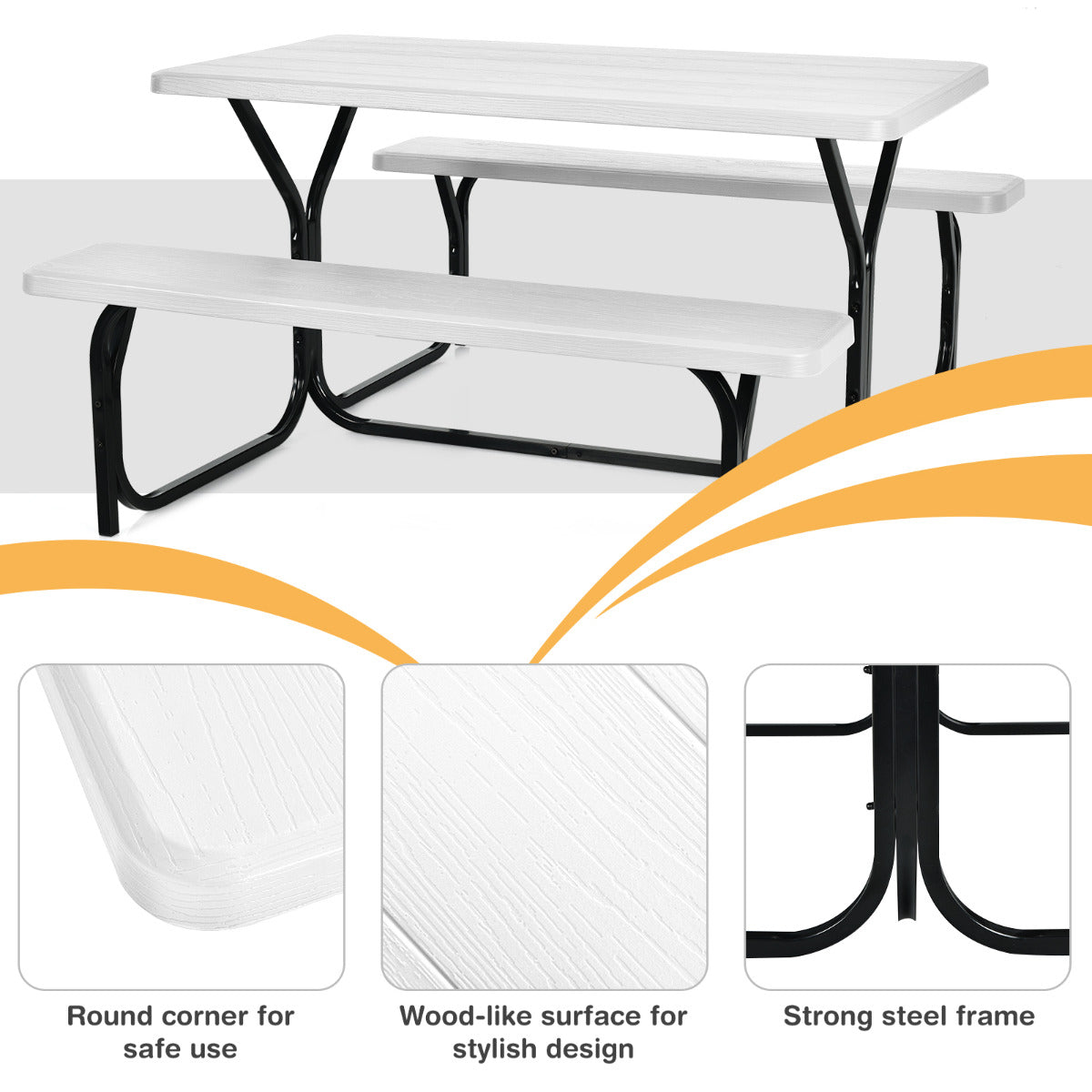 LIVSK Picknicktafelset - Weerbestendig HDPE - Ruim voor 4-6 Personen - Stabiel Metalen Frame - 137 x 150 x 72 cm - Wit