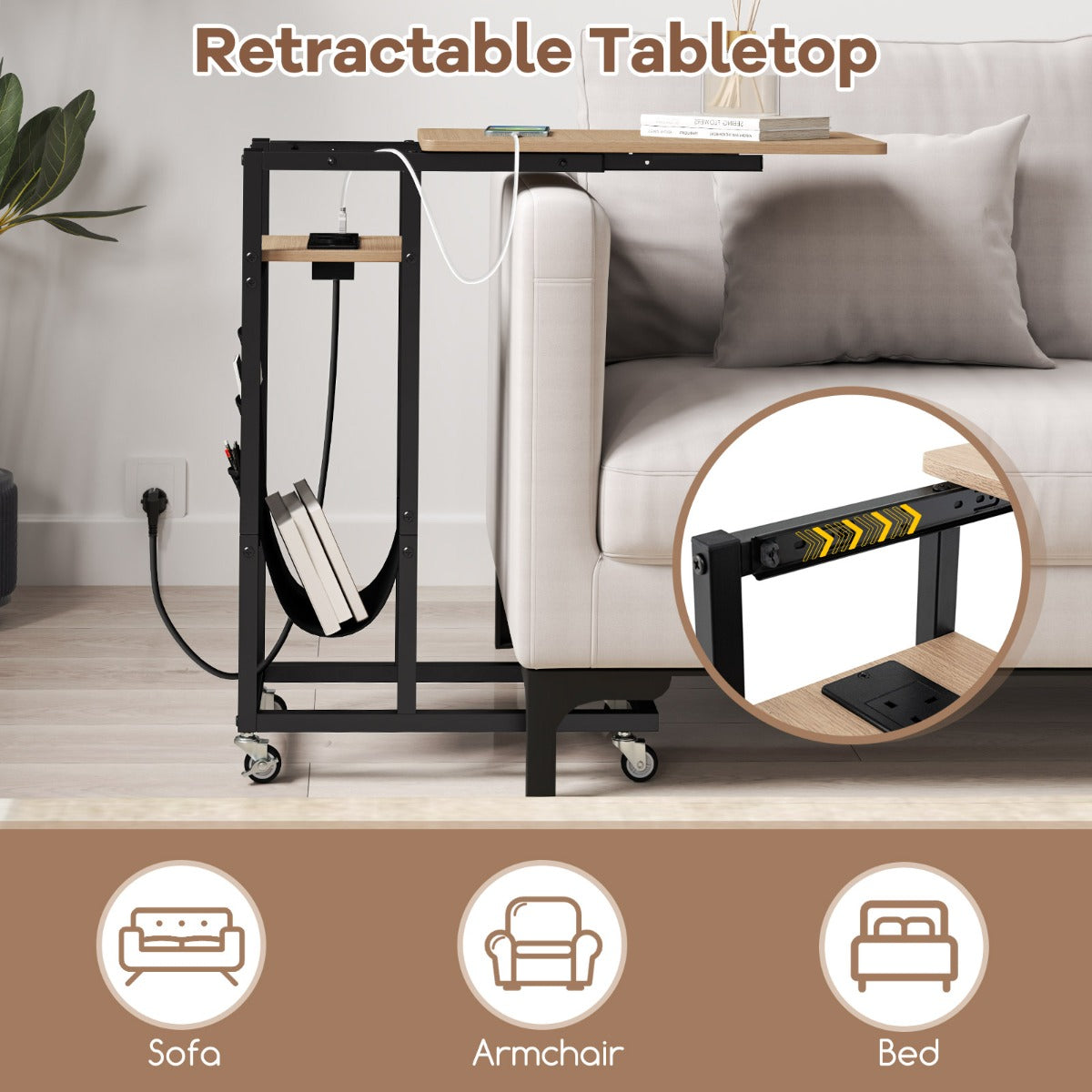 LIVSK Bijzettafel met Uittrekbaar Tafelblad - Geïntegreerde AC- en USB-poorten - C-vormig met Wieltjes - Rustiek bruin