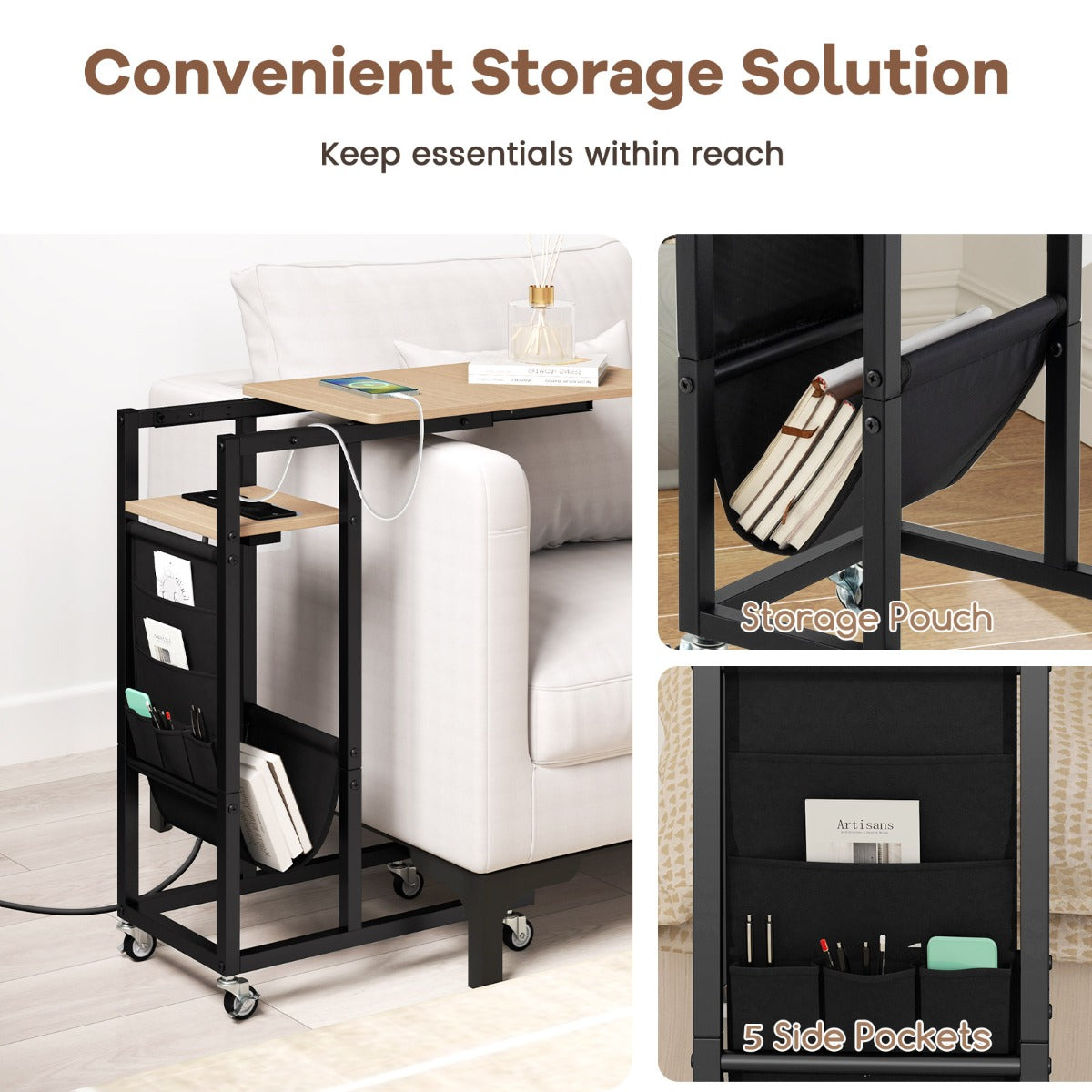 LIVSK Bijzettafel met Uittrekbaar Tafelblad - Geïntegreerde AC- en USB-poorten - C-vormig met Wieltjes - Rustiek bruin