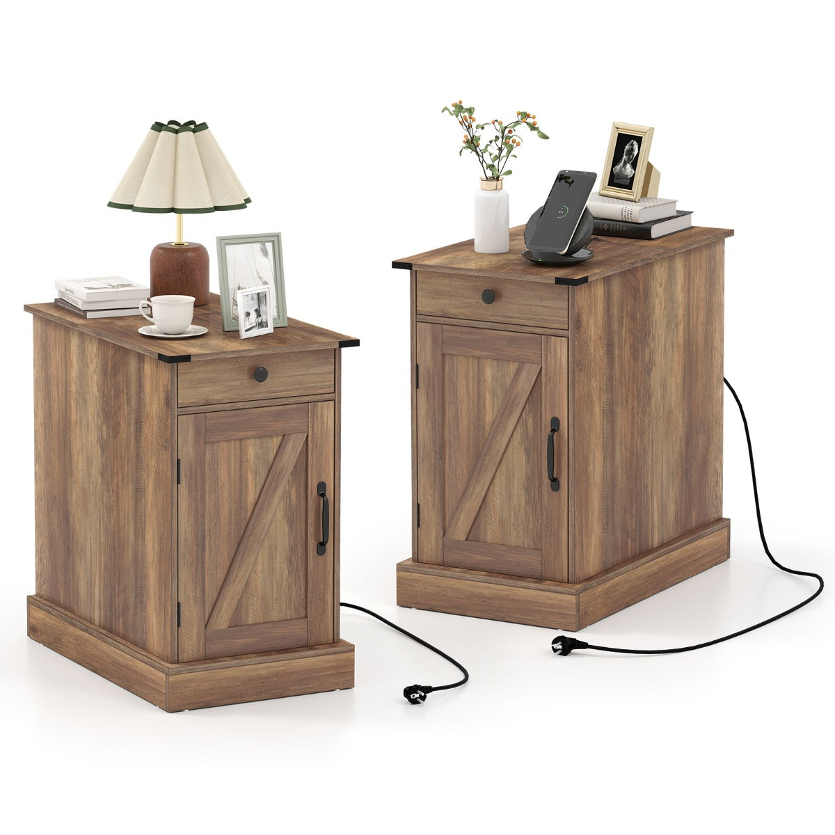 Livsk costway bijzettafel dressoir met oplaadstation nachtkastje met neerklapbaar tafelblad set van 2 bruin