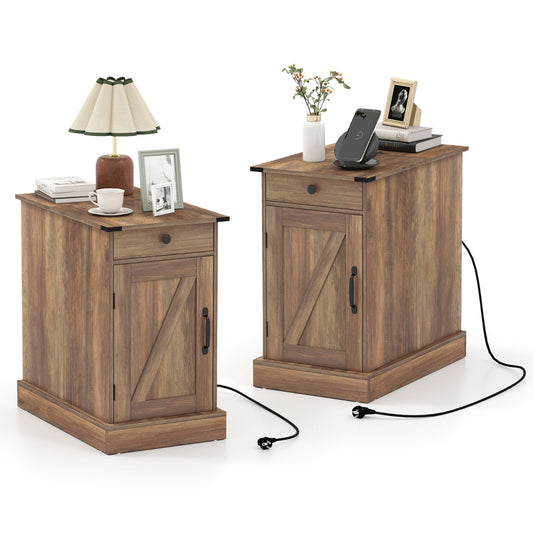 Livsk costway bijzettafel dressoir met oplaadstation nachtkastje met neerklapbaar tafelblad set van 2 bruin