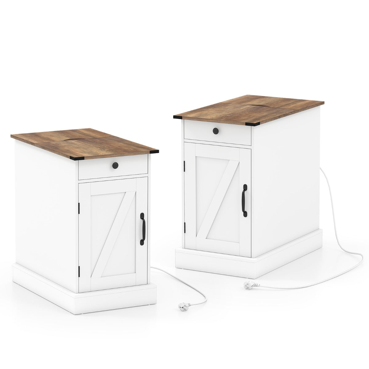 Livsk costway bijzettafel dressoir met oplaadstation nachtkastje met neerklapbaar tafelblad set van 2 wit 1