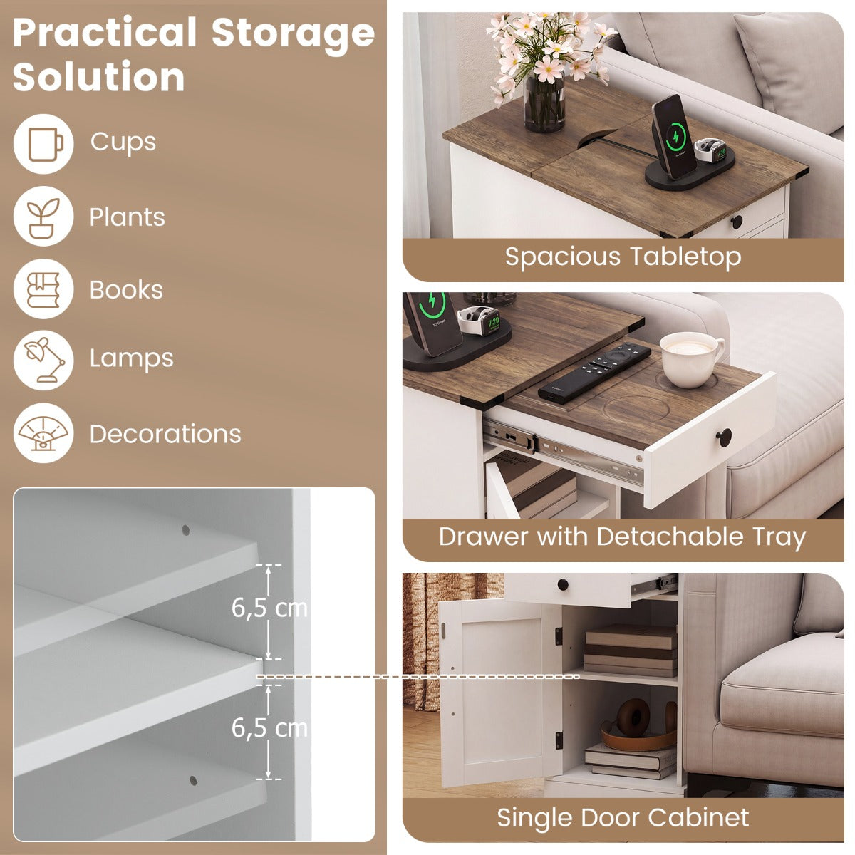 Livsk costway bijzettafel dressoir met oplaadstation nachtkastje met neerklapbaar tafelblad set van 2 wit 3