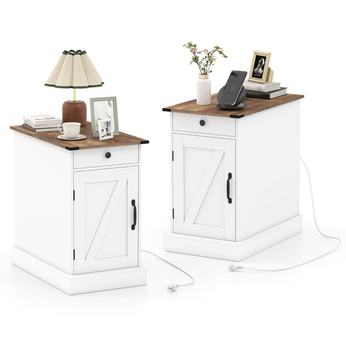 Livsk costway bijzettafel dressoir met oplaadstation nachtkastje met neerklapbaar tafelblad set van 2 wit