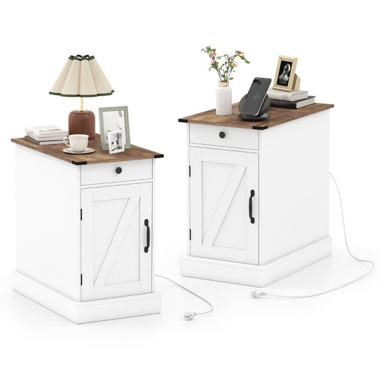 Livsk costway bijzettafel dressoir met oplaadstation nachtkastje met neerklapbaar tafelblad set van 2 wit