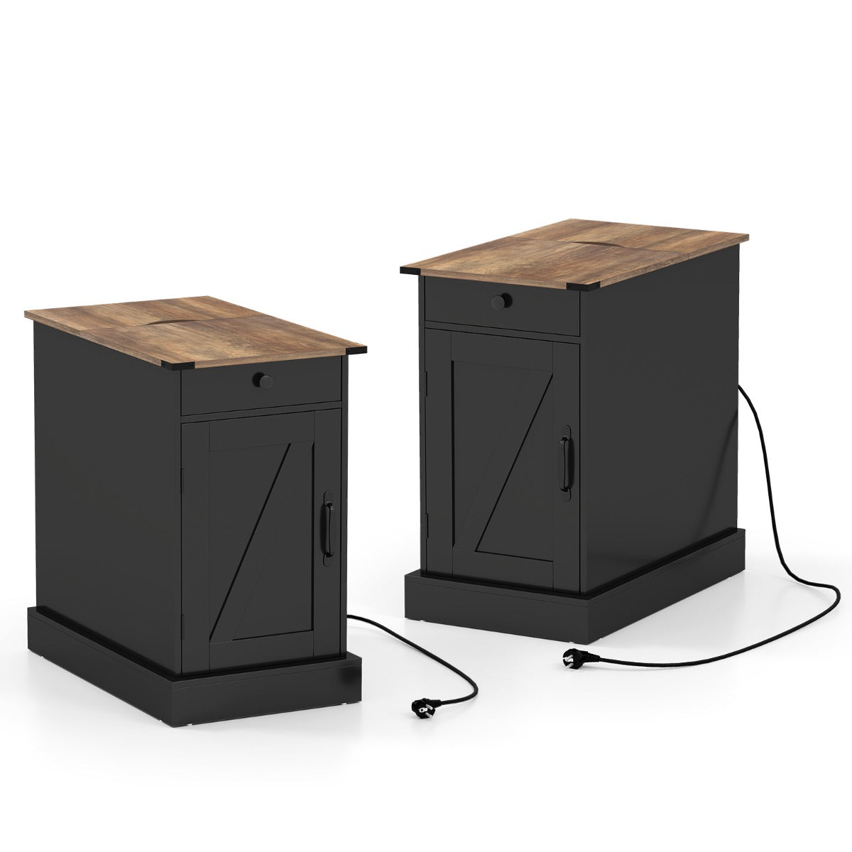 Livsk costway bijzettafel dressoir met oplaadstation nachtkastje met neerklapbaar tafelblad set van 2 zwart 1