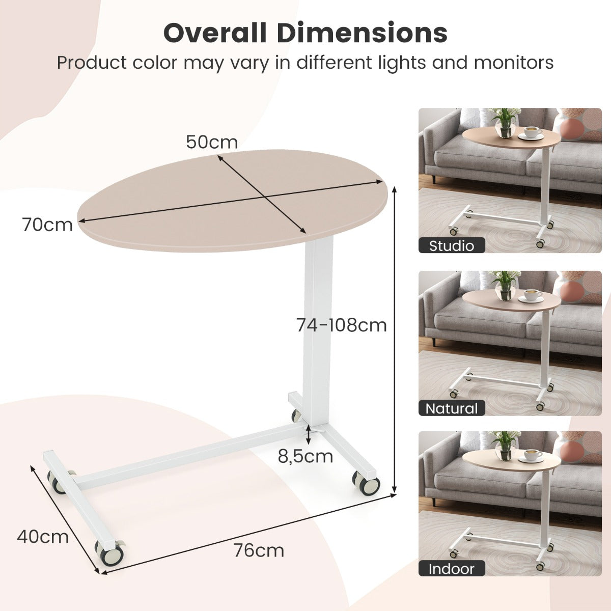 LIVSK Ovaal Staand Bureau - Verstelbaar met Wieltjes - Ruimtebesparend - Ideaal voor Werkplek en Woonkamer - Roze en Wit