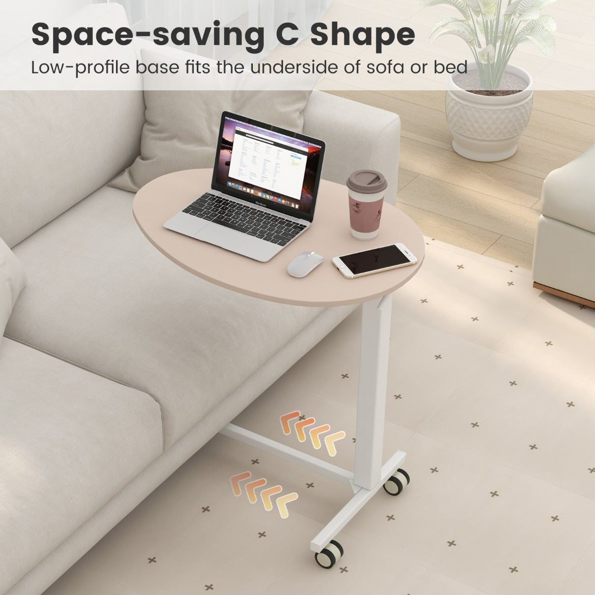 LIVSK Ovaal Staand Bureau - Verstelbaar met Wieltjes - Ruimtebesparend - Ideaal voor Werkplek en Woonkamer - Roze en Wit