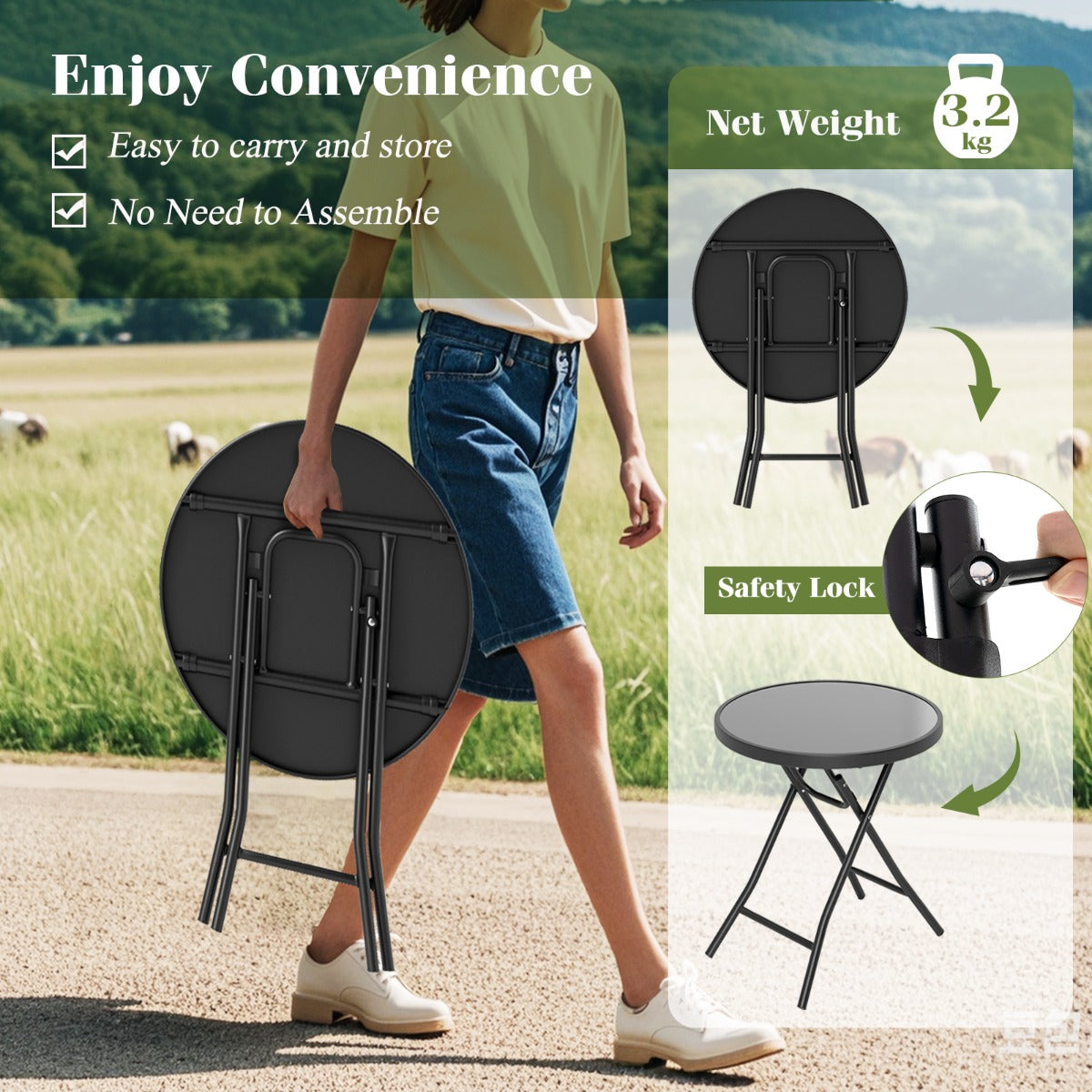 LIVSK Inklapbare Bijzettafel - Geharde Glasplaat - Stabiel Metalen Frame - Draagvermogen 50 kg - Voor Binnen en Buiten -