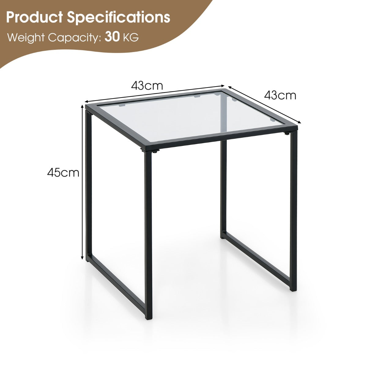 LIVSK Bijzettafel van Gehard Glas - Robuust en Krasbestendig - Compact Design - Voor Binnen en Buiten - 43 x 43 x 45 cm - Zwart +