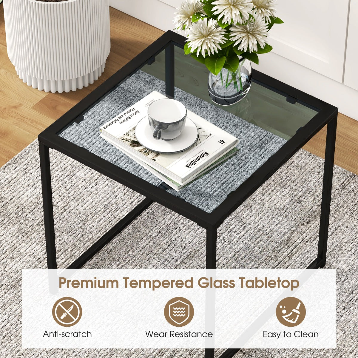 LIVSK Bijzettafel van Gehard Glas - Robuust en Krasbestendig - Compact Design - Voor Binnen en Buiten - 43 x 43 x 45 cm - Zwart +
