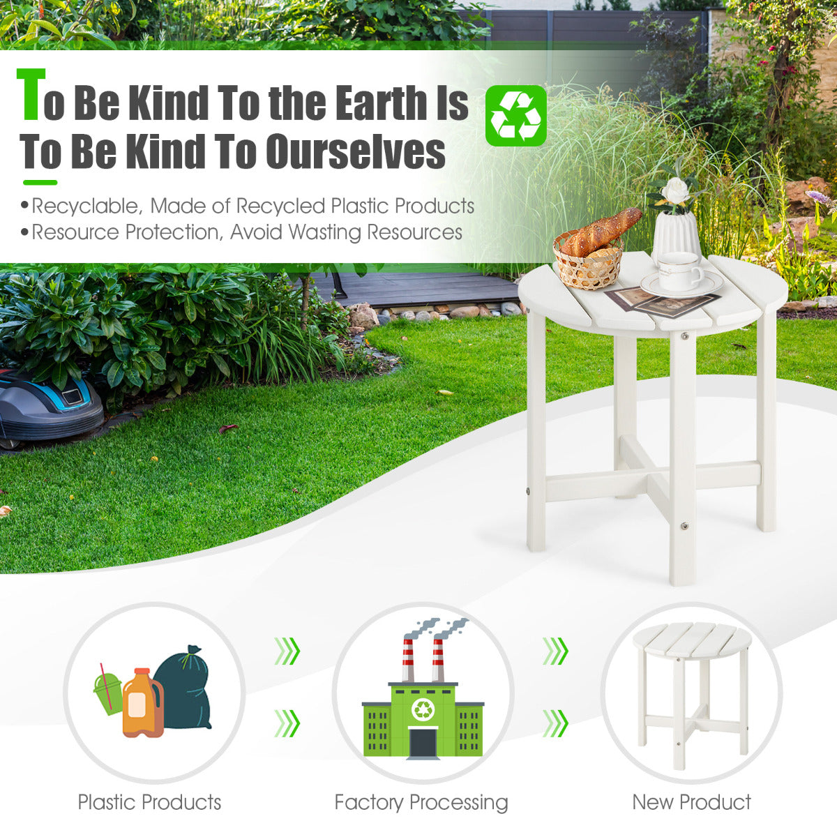LIVSK Bijzettafel - Ronde Weerbestendige Tuintafel van HDPE - Onderhoudsvriendelijk - Draagvermogen 100 kg - 46 x 46 x 46 cm - Wit