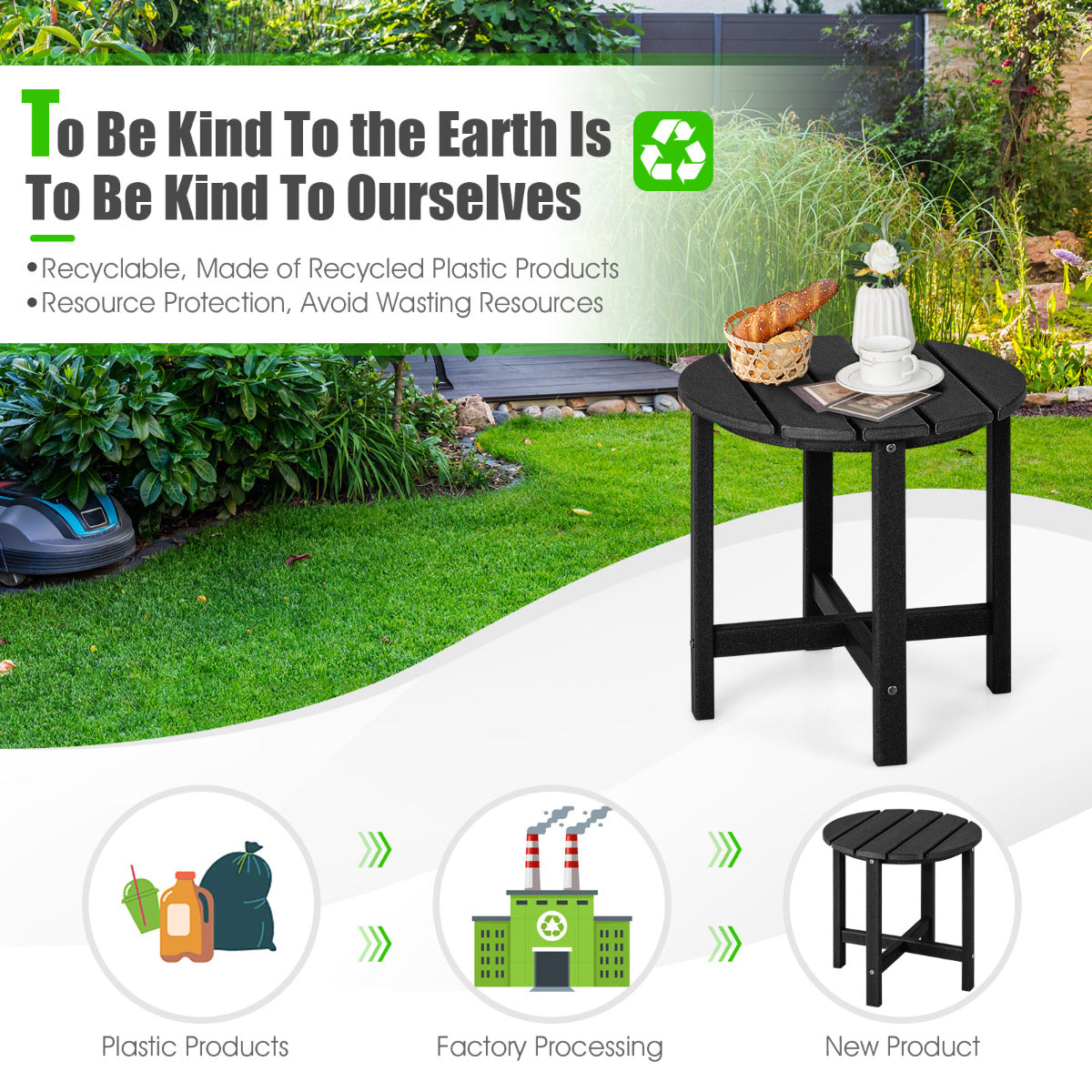 LIVSK Weerbestendige Bijzettafel - Ronde HDPE Tafel - Ondersteunt 100 kg - Onderhoudsvriendelijk - 46 x 46 x 46 cm - Zwart