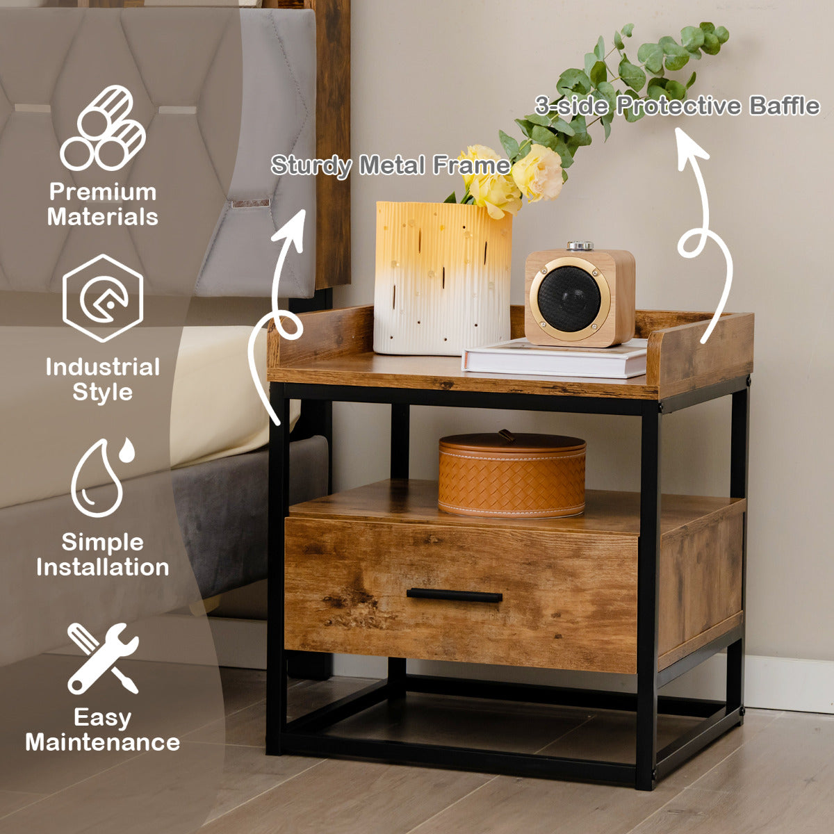 LIVSK Bijzettafel met 2 Niveaus - Industrieel Design - Ruime Opbergruimte - Roestbestendig Stalen Frame - 45 x 40 x 49 cm - Bruin