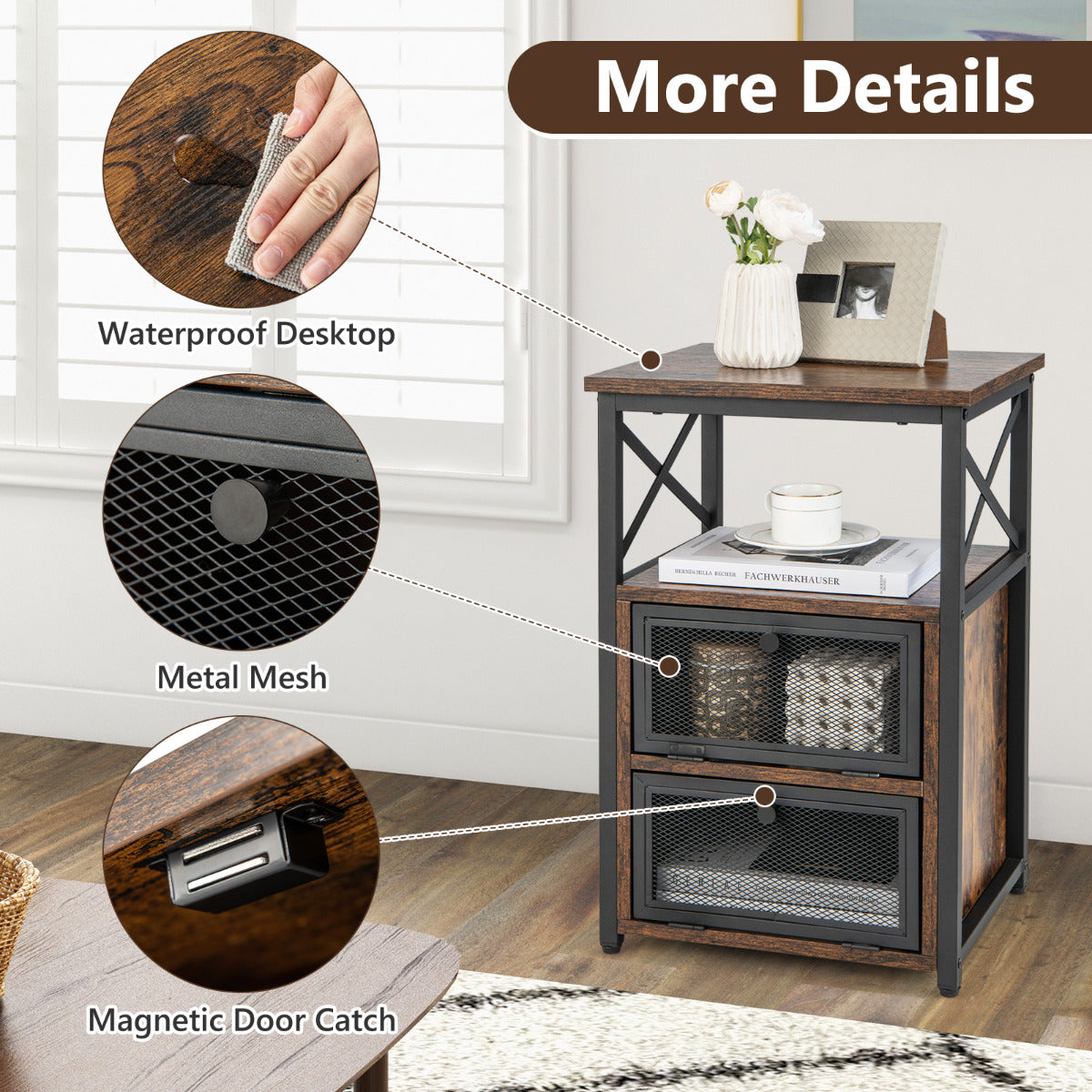 LIVSK Industriële Bijzettafel met Vouwladen - Waterdicht Tafelblad - Opbergruimte - Compact 40 x 35 x 61 cm - Rustiek bruin