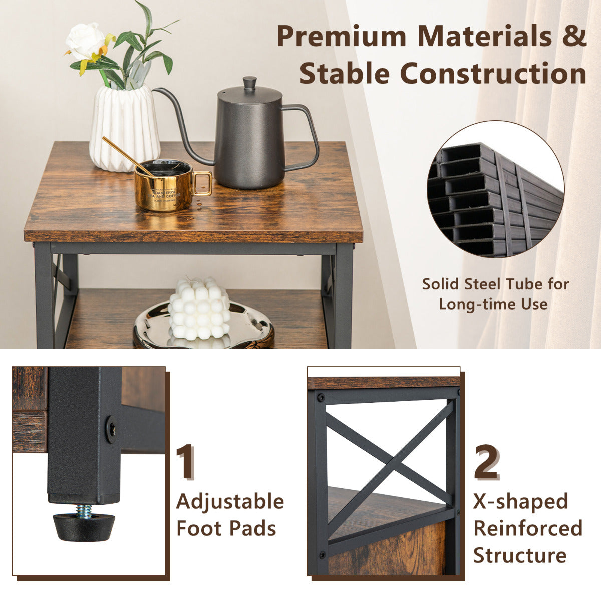 LIVSK Industriële Bijzettafel met Vouwladen - Waterdicht Tafelblad - Opbergruimte - Compact 40 x 35 x 61 cm - Rustiek bruin