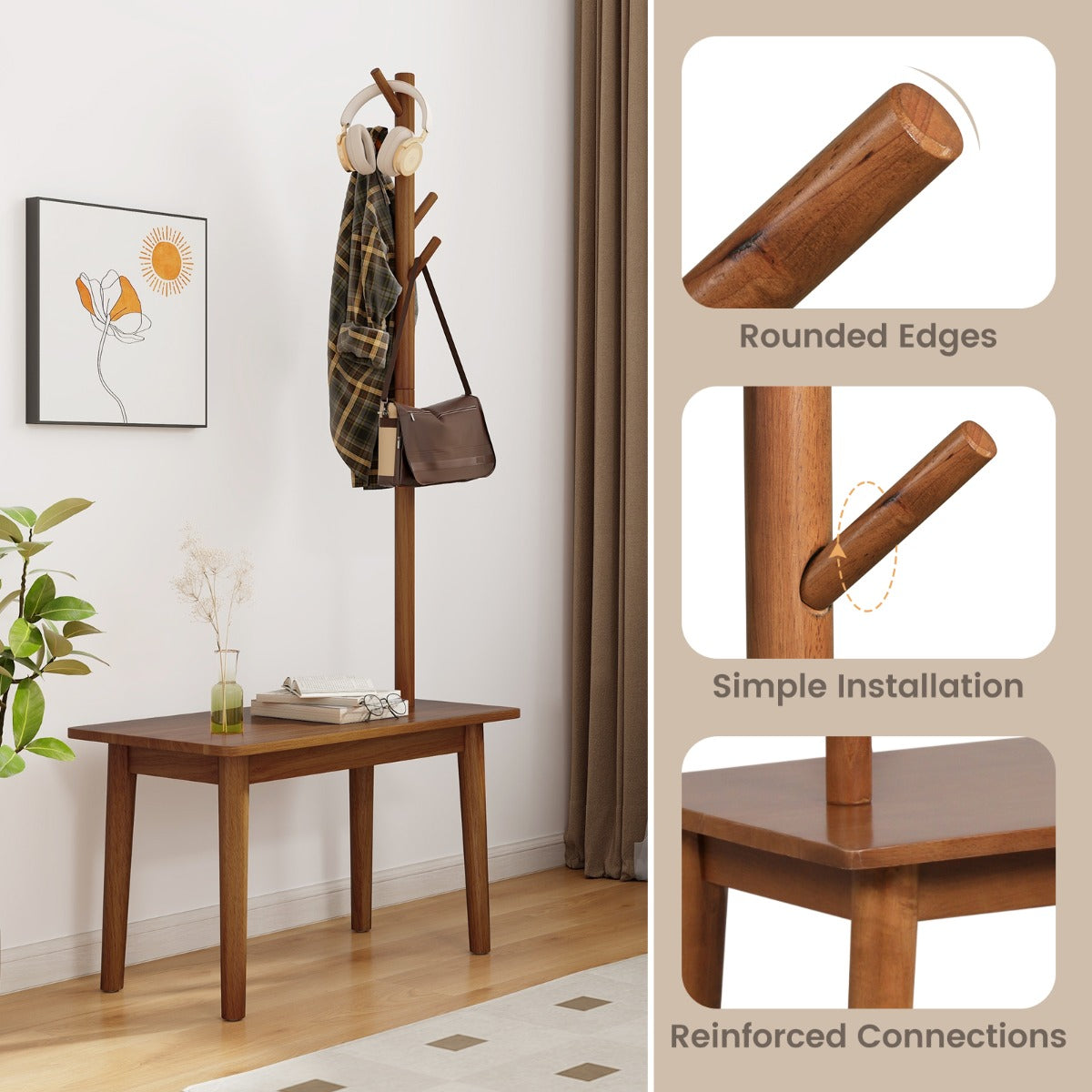 LIVSK Kapstok met Schoenenbank - 3-in-1 Multifunctioneel - Massief Hout - Ruimtebesparend - Draagvermogen 150 kg - Bruin