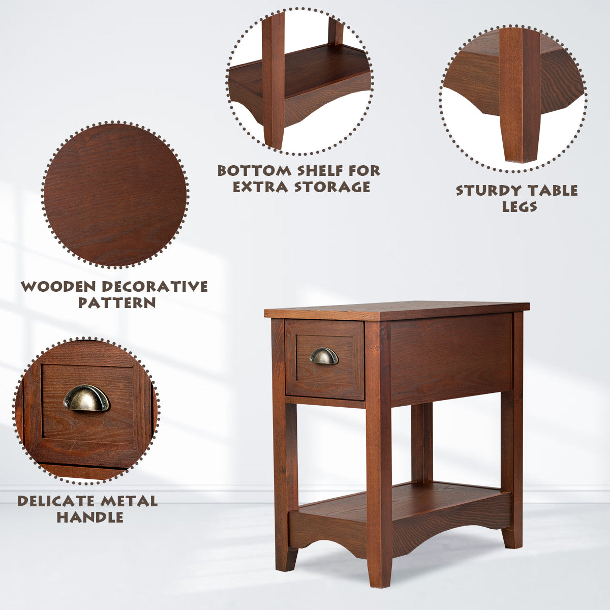 LIVSK Retro Bijzettafel - Ruime Lade en Onderplank - Duurzaam Rubberhout - Multifunctioneel voor Woonkamer en Slaapkamer -