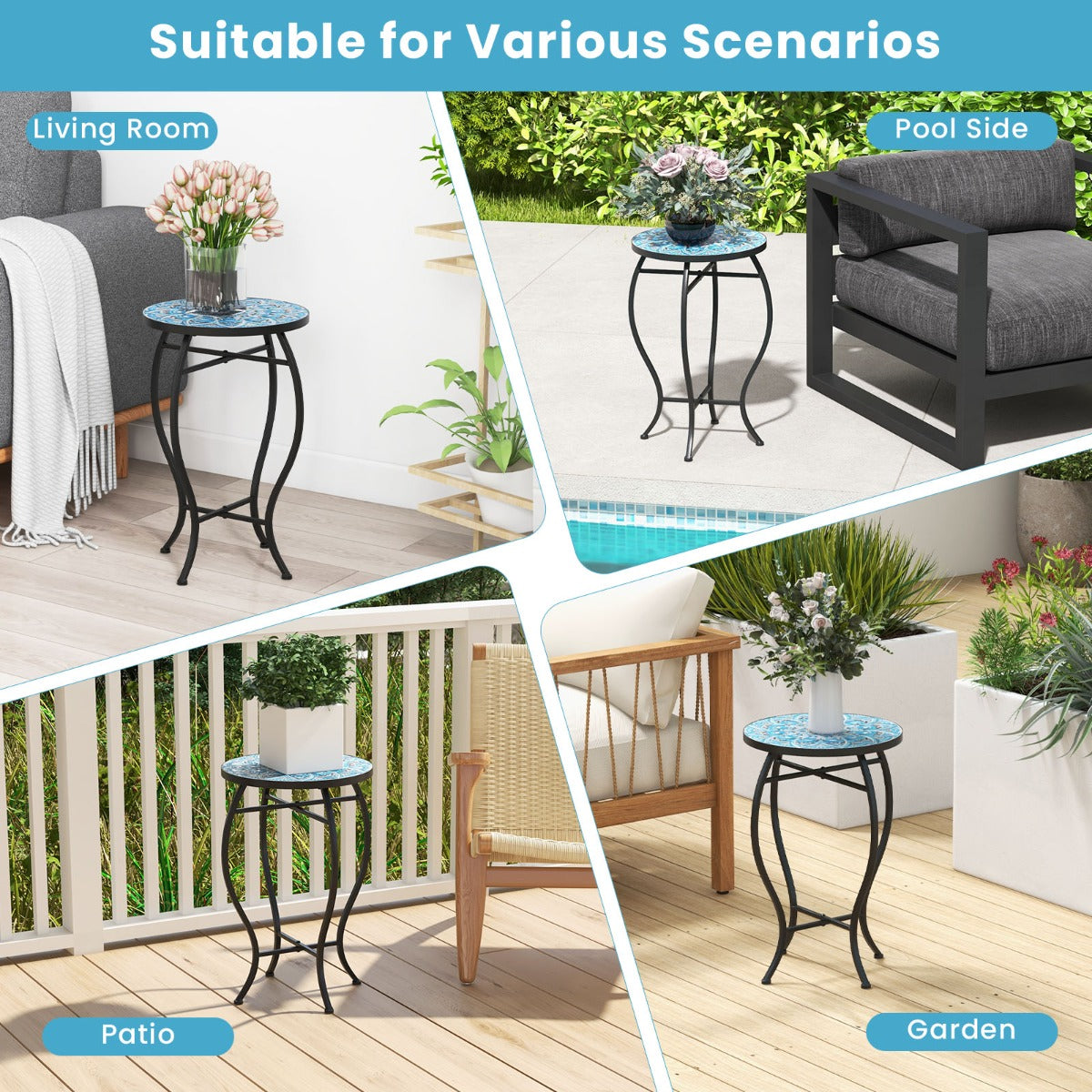 LIVSK Mozaïek Bijzettafel - Stijlvol Ontwerp met Metaal Frame - Multifunctioneel - 35 x 55 cm - Blauw en Zwart