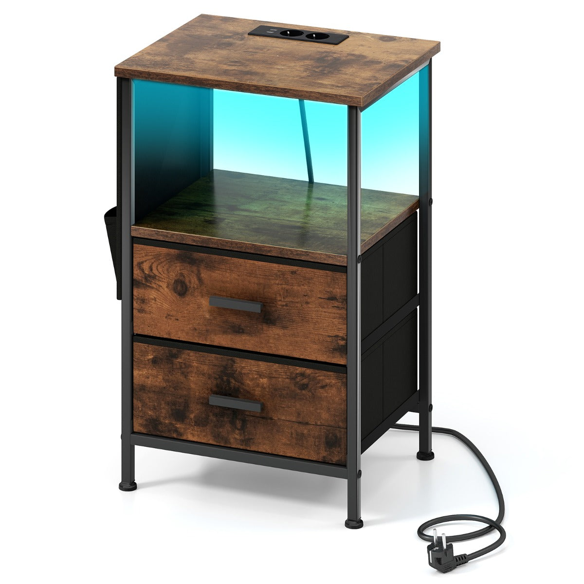 LIVSK Bijzettafel met Oplaadstation - Stevig Metalen Frame - LED Verlichting met Afstandsbediening - Opvouwbare Lades - Rustiek